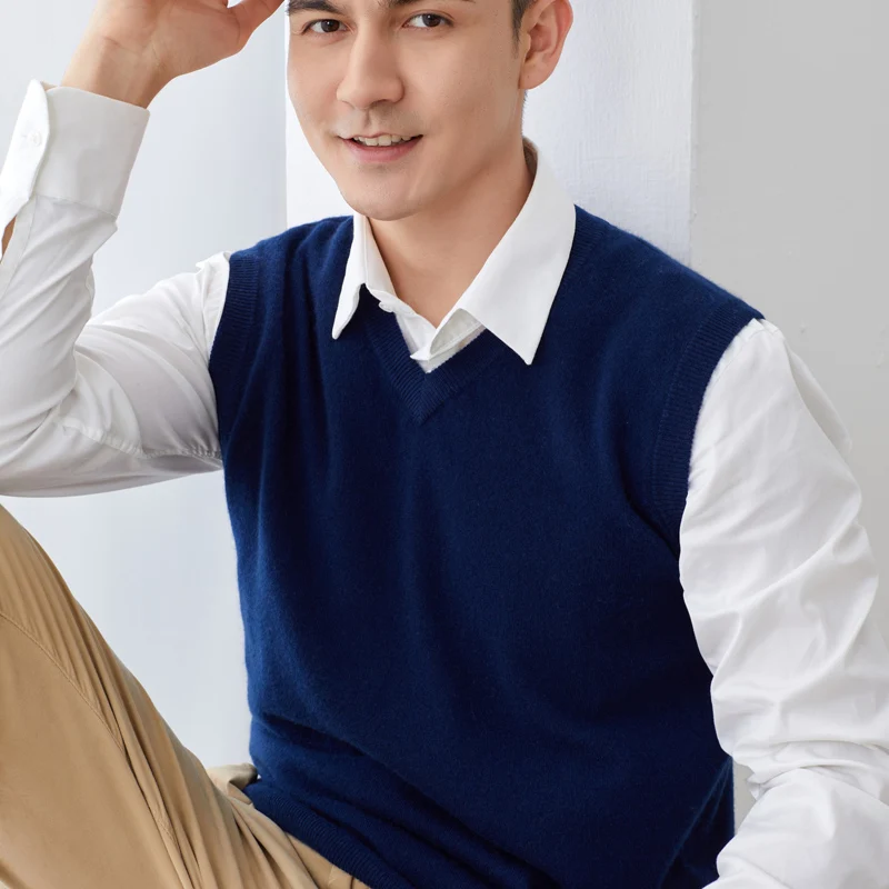 Man Knit Sweater Sleeveless vest 100%Cashmere Sweater GRAY Dark blue Match with shirt V-neck