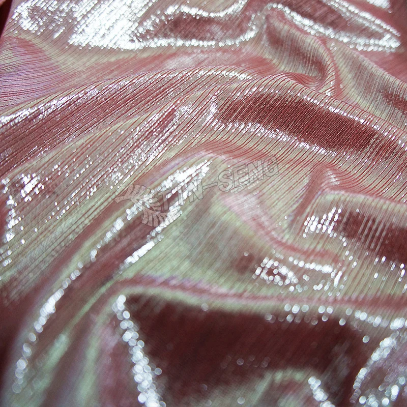 Holographic Pink Glitter Fabric , Ribbed FDY FOIL fabric for party Dress