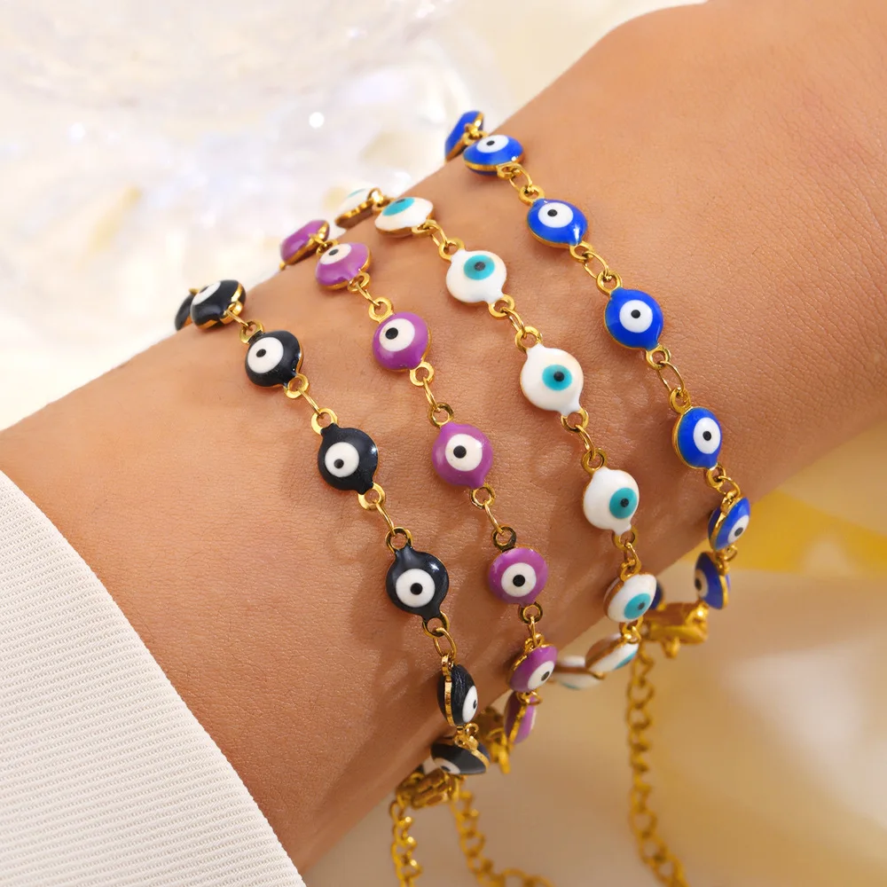 NUORO Fashion Demon Eye Charm Bracelets Stainless Steel Gold Plated Chain Colorful Dripping Oil Round Eye Bracelet