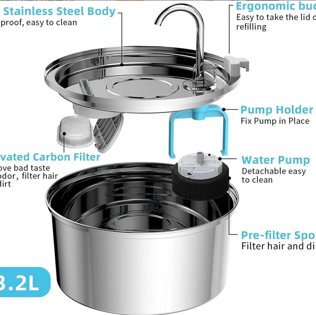 3.2L Cat Water Fountain Automatic Stainless Steel Pet Fountain Dog Water Dispenser with Ultra-Quiet Pump Cat supplies Hot Sale