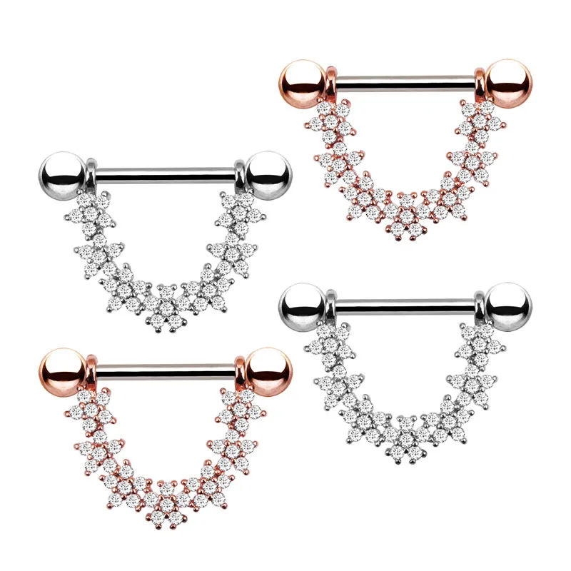 YW Rose Gold Nipple Ring Piercing Surgical Steel Cute Bar U Shape Flower Nipple Rings Barbell Body Piercing Jewelry