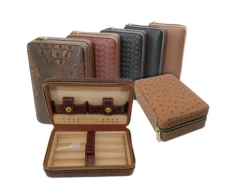 Handmade Business Trip Travelling Cedar Wood Leather Cigar Bag Cigar Storage Humidor Case