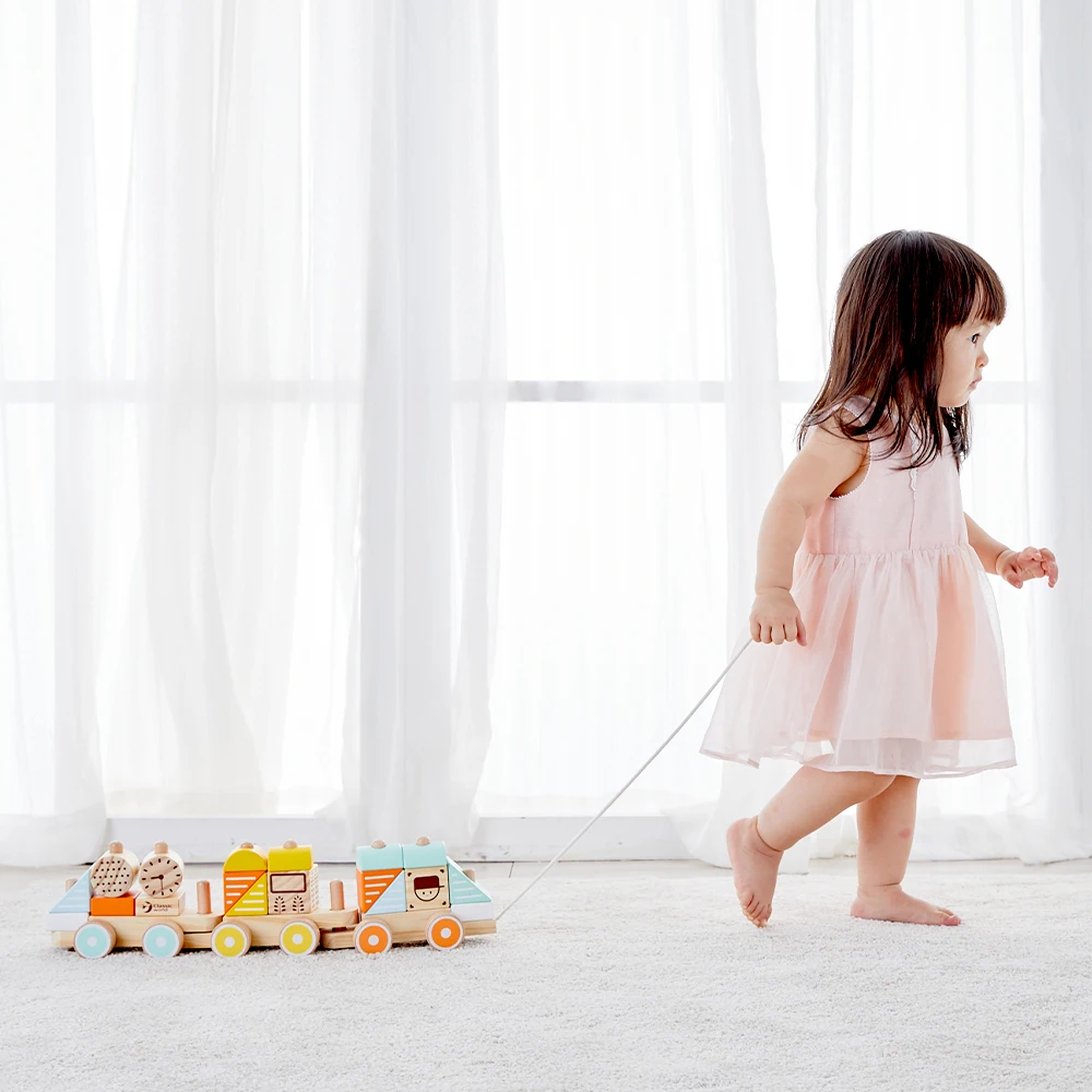 Classic World Wooden Educational Toys Infant Girl Boy Push and Pull Train with Stackable Blocks for Babies