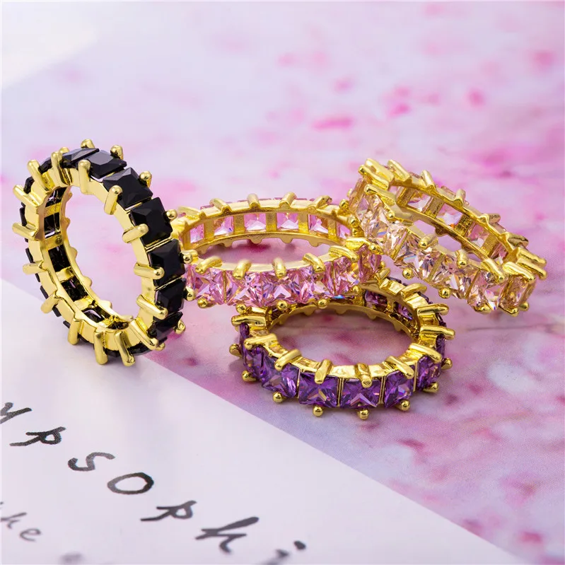 2021 Fashion Baguette Cubic Zirconia Colorful Eternity Pink Sapphire Ring For Women