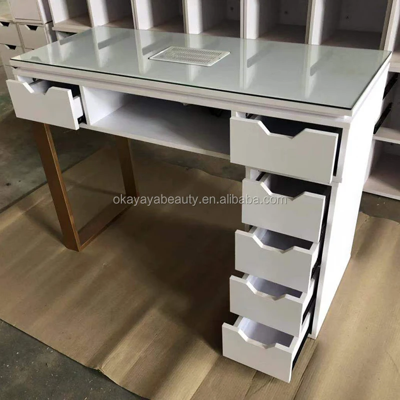 Beauty nail salon furniture modern manicure table nail bar desk glass top nail table with vent for sale