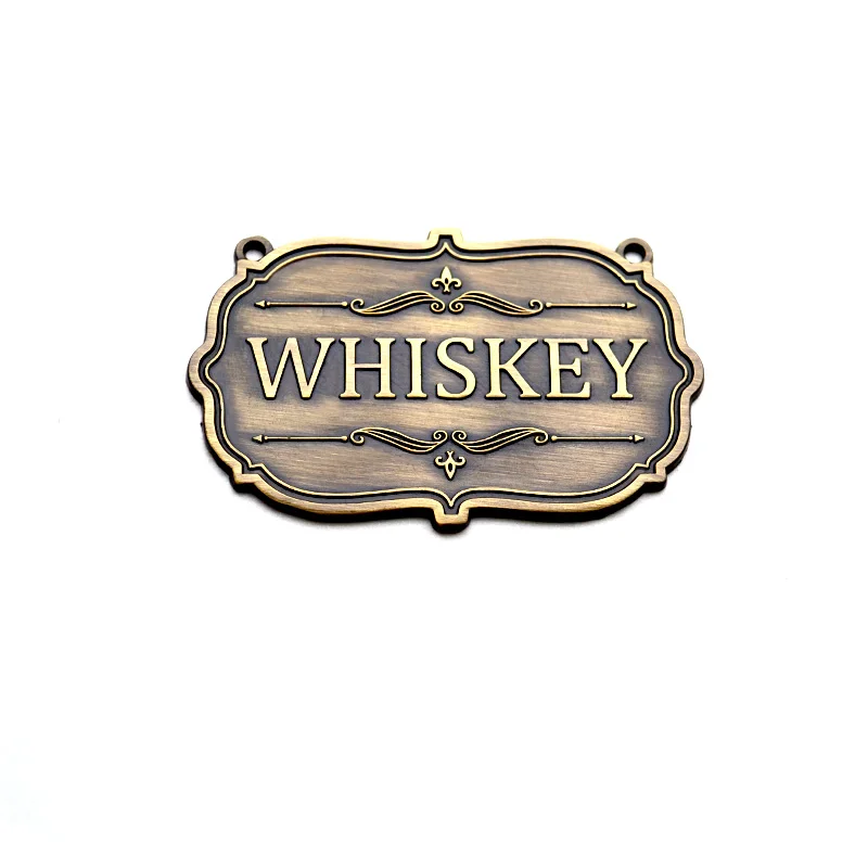 Modest luxurious style Custom zinc alloy Bottle Label metal logo metal sticker Adhesive metal wine label with chain