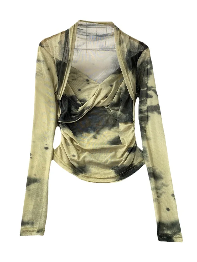 Summer Transparent Tie Dye Women Long Sleeve T-shirts Tops Girls Stretchy Mesh Sheath Tee Shirts Blouse Top