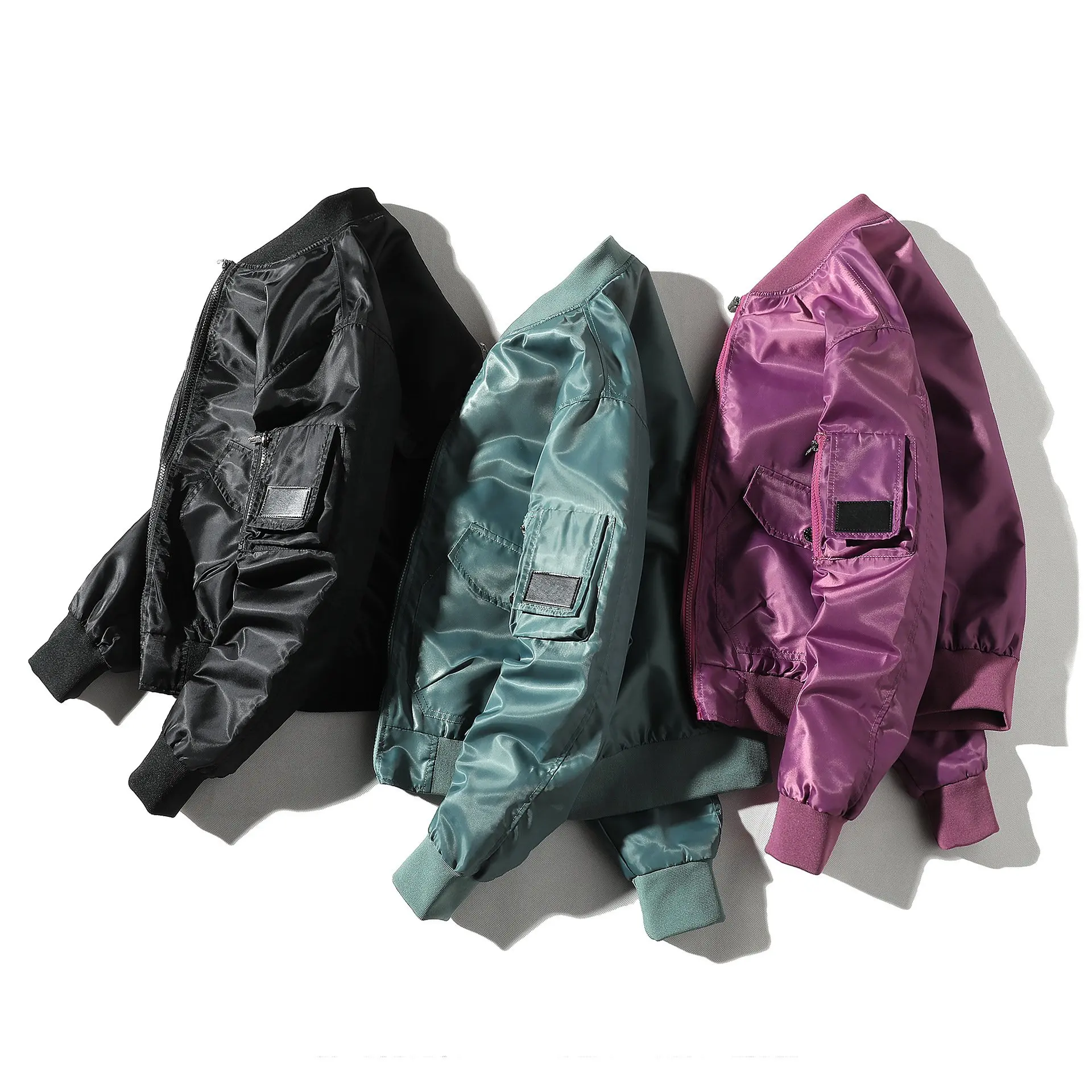 Mens Custom Printing Streetwear Shinny Softshell Windbreak Satin Bomber Jacket