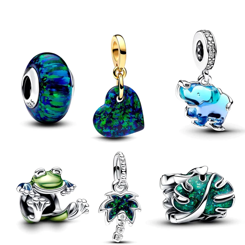 New 925 Silver Blue Murano Glass Elephant Opalescent Green Heart Monstera Leaves Frog Bead Fit Original Pan Bracelet DIY Jewelry