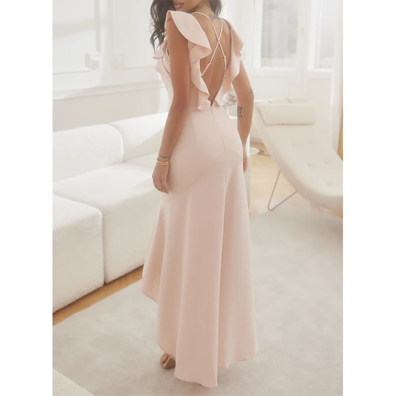 Dear-Lover Private Label Ladies Crossed Straps Open Back Ruffle Trim Women Party Dress