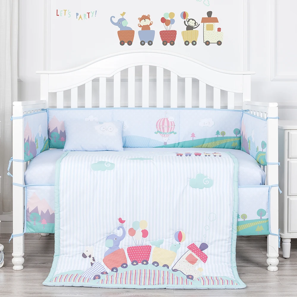 Cartoon animal train theme baby bed set polyester microfiber baby bedding crib for boys