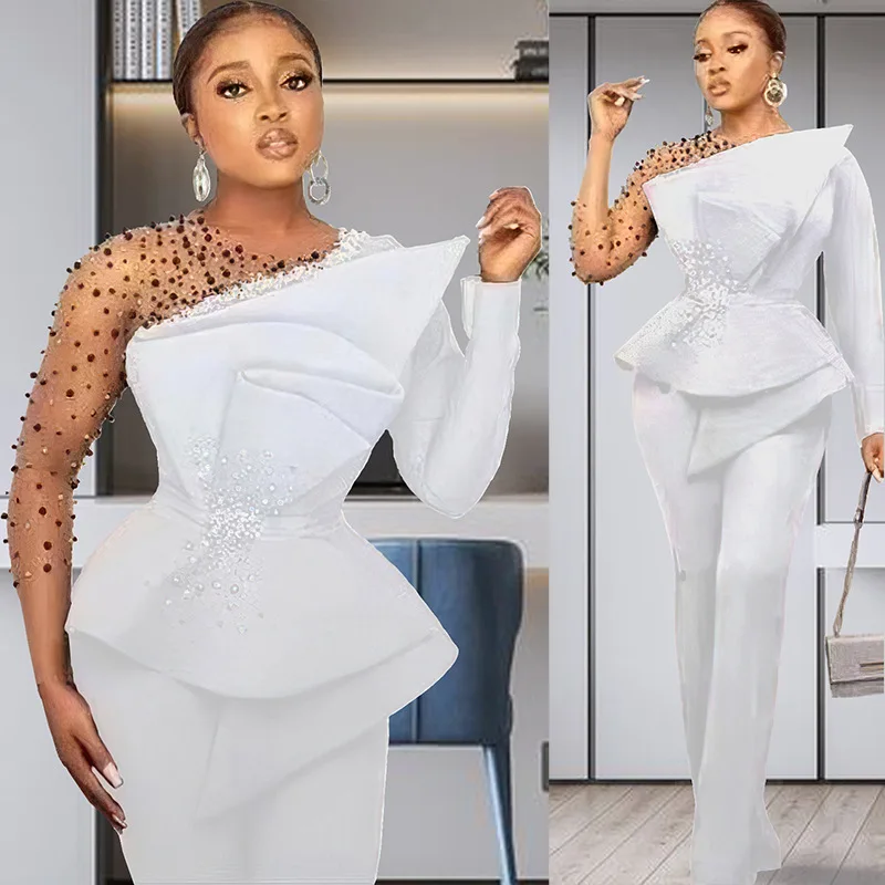 Fashion Elegant Plus Size Solid Color Mesh Stitching Bead Outfits for Women Wide Leg Pants Formal Suit Two Piece  Women