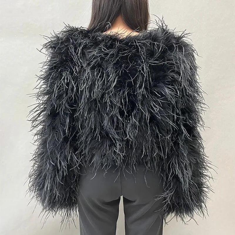 Custom Size Women Luxury Long Sleeve Crop Fur Jacket Fluffy Ostrich Feather Coat
