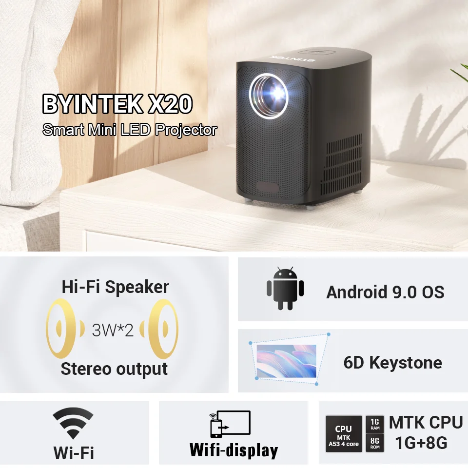 Дешевый мини-проектор BYINTEK X20 мини dlp android проектор