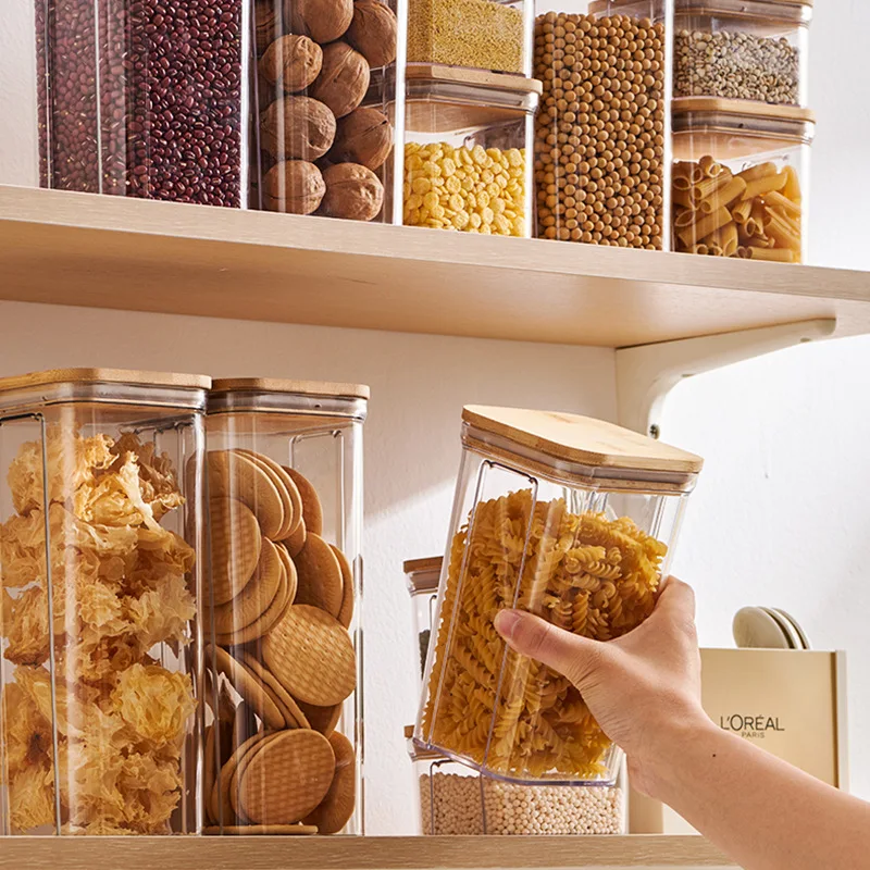 700ml Kitchen Stackable Square Food Storage Jars Bamboo Lid Plastic Square Airtight Food Container With Bamboo Lid