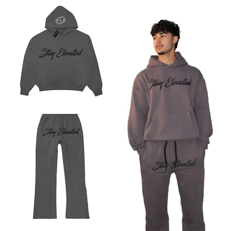 Custom Logo Printing Tracksuit Two Piece Set Hoodie Sweatpants Embroidery Logo Patched Vintage Washed Sun Faded Zip Hoodie Set