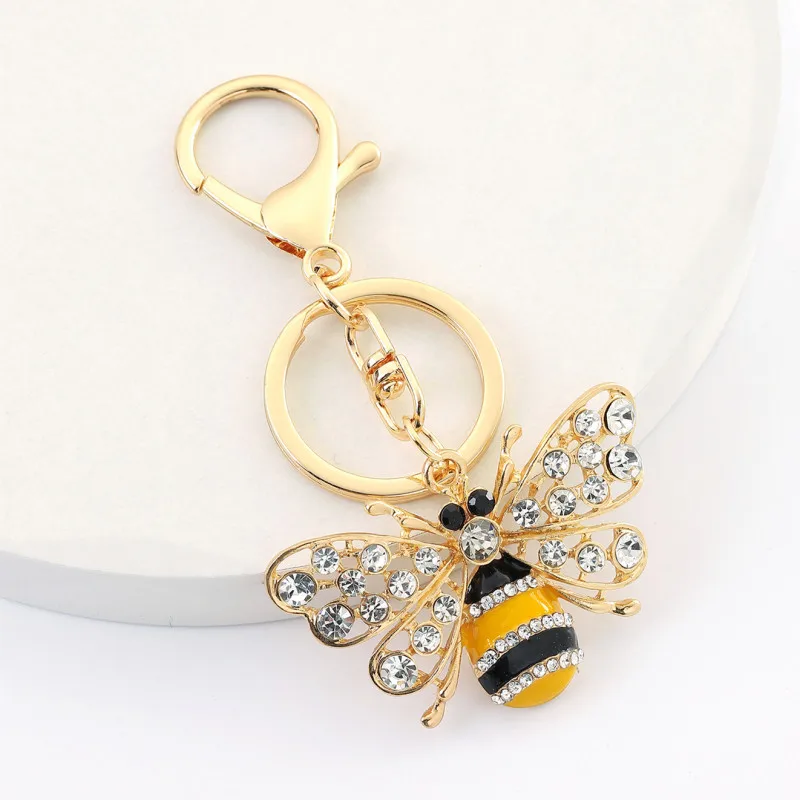 Rhinestone Little Bee Keychain Bumble Bee Sparkling Keyring Animal Key Chain Decor in A Box for Bag Purse Wallet