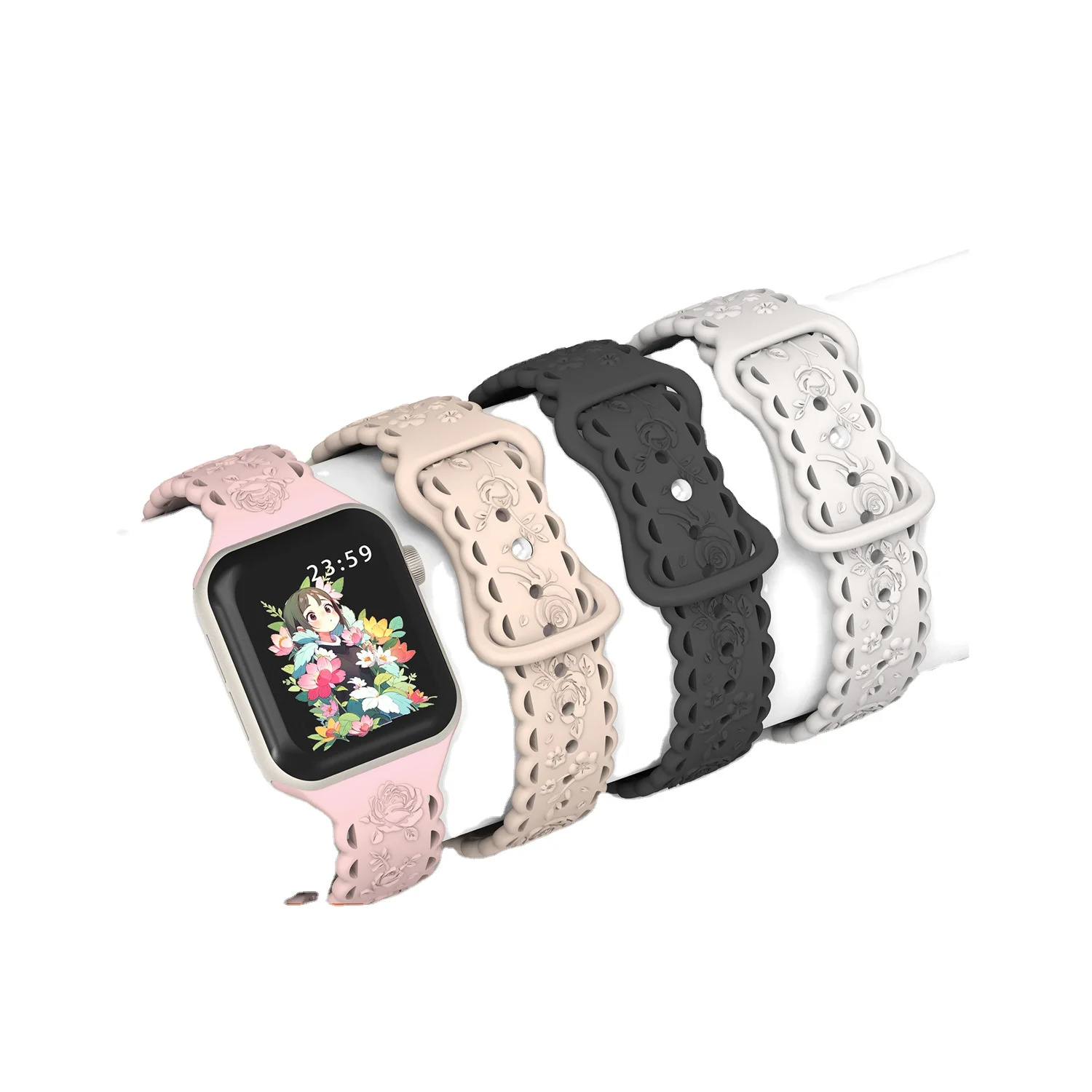 Leyi Loop Wristband Replacement Engraved Relief Watch Strap Silicone 3D Rose Design Lace Band for 8 ultra 38mm