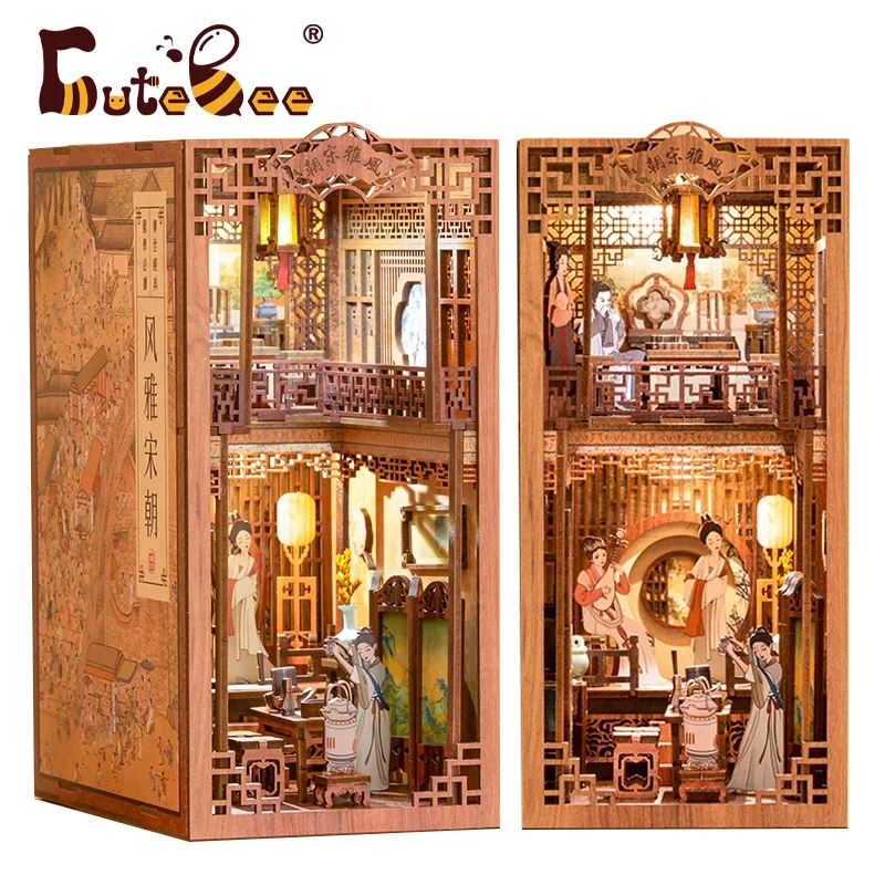 CuteBee New Year Gifts Chinese Story Elegant Song  DIY Miniature Wooden House Book Nook with LED Night Light Bookend