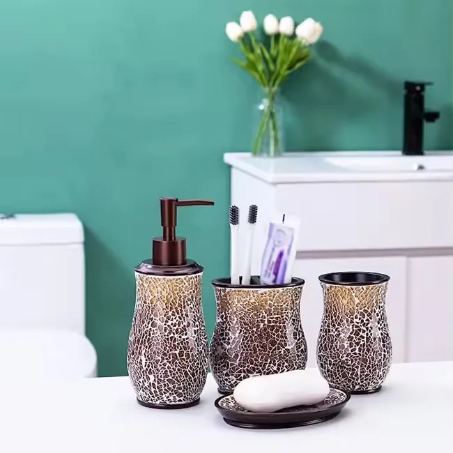 Hot selling bathroom accessory set, 4-piece mosaic glass resin bathroom decoration set, collection room accessories