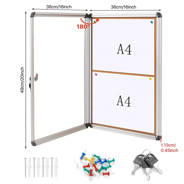 Aluminium frame lockable acrylic door cork notice board showcase cabinet enclosed bulletin board with lock and keys