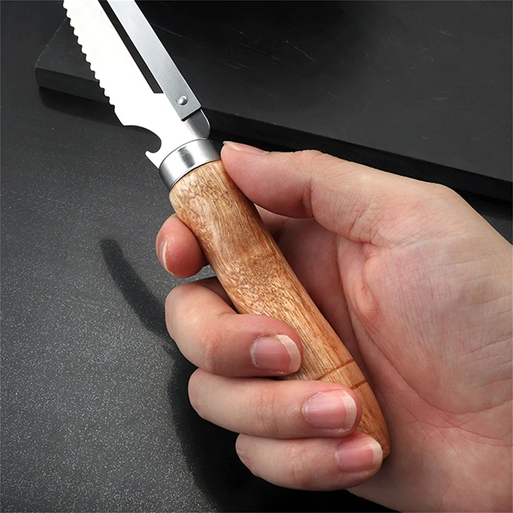 Hot Sale Find Stainless Steel Wooden Handle Silvery Multi-functional Vegetable Peeler Fish Peeler Cutting Knife Can Opener