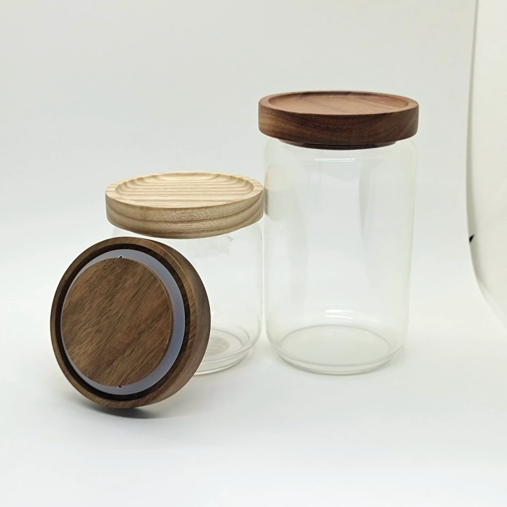 Kitchen Clear High Borosilicate Glass Jars With Eco-friendly Custom Wood Lids For Storage Of Tea Food Salt And Sugar
