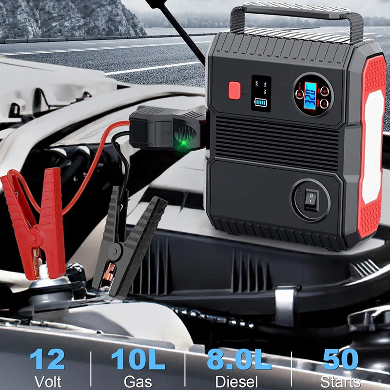 Portable Jump Starter with Air Compressor Power Bank Tire Inflator Pump 12V Starting Device Car Booster