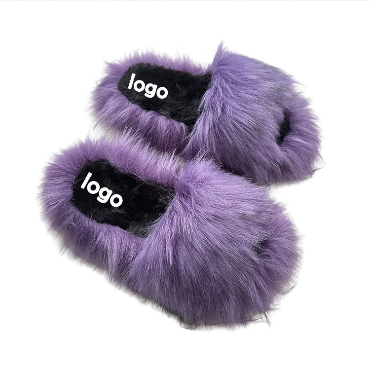New Fur Plush Slippers Unisex Winter Outdoor Custom Warm Slippers Imitation Raccoon Fur Ladies Slippers