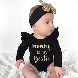 
Hot sale 3 month baby girl rompers ruffle long sleeve Bestie gold foil printing girls romper and headband 2 pcs 