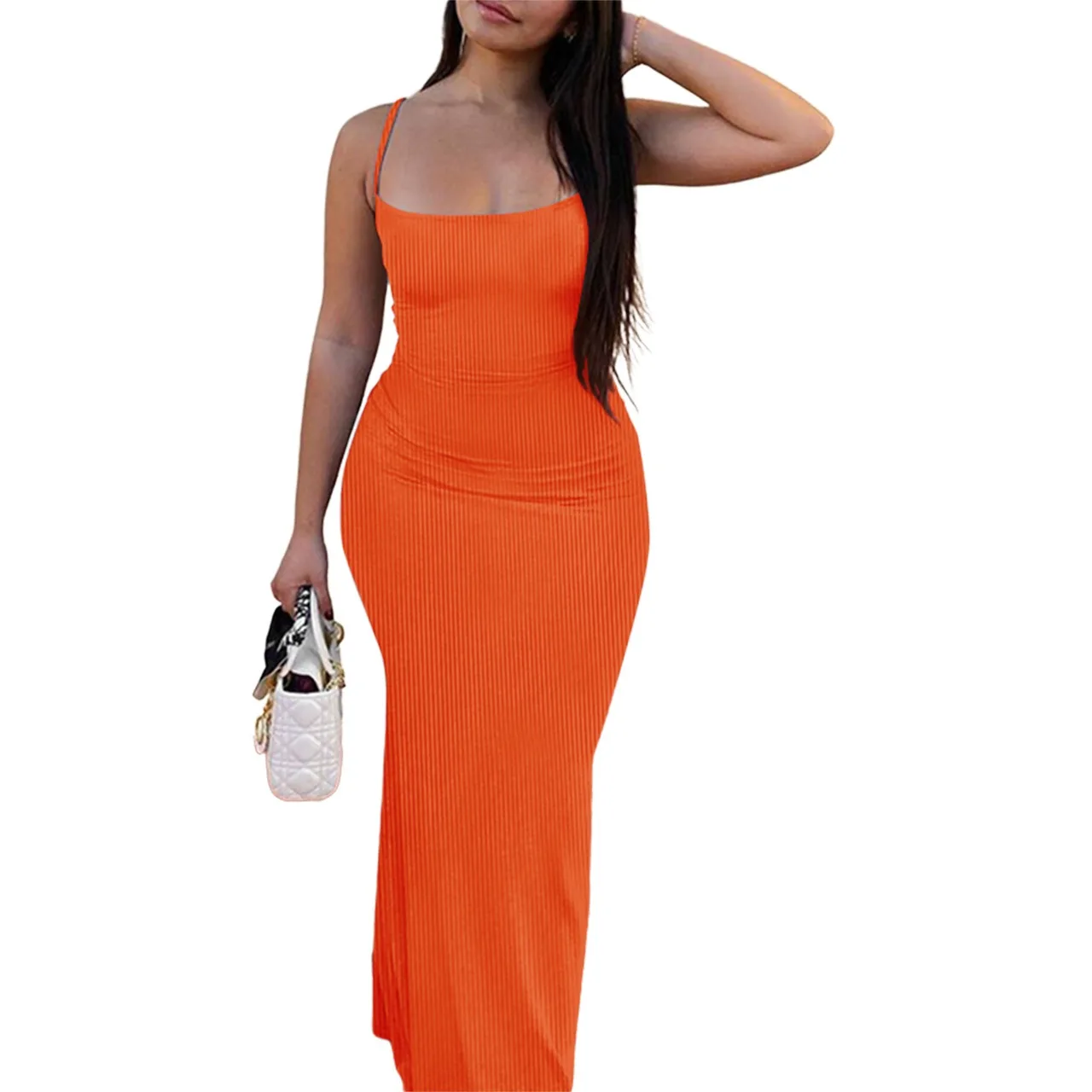 Women Clothing Casual Dresses Trendy Solid Spaghetti Knitted Dress Bodycon Maxi Long Ribbed Dress For Women