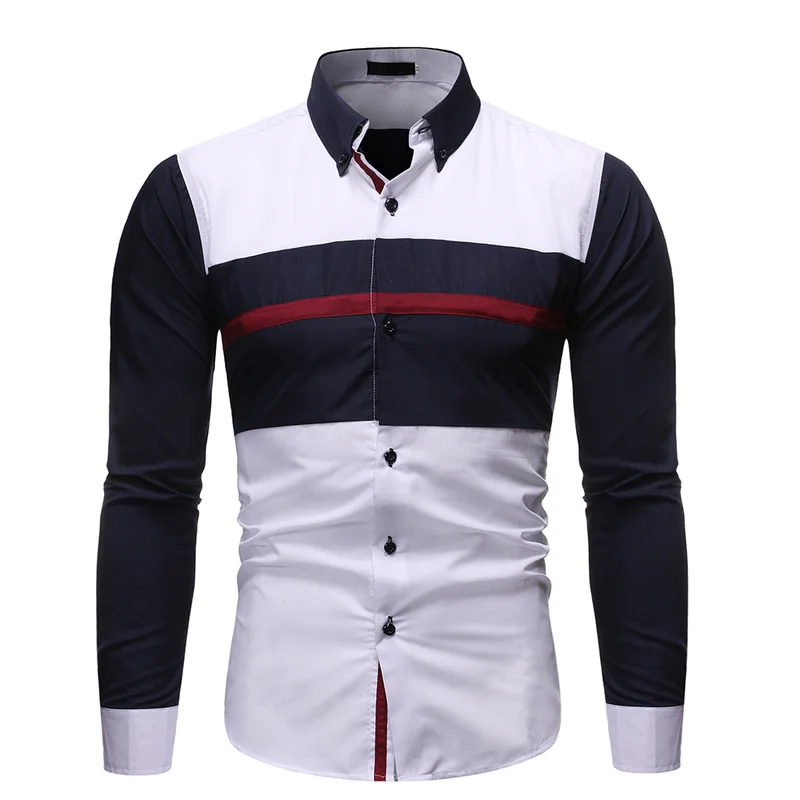Free Shipping Color Stripe Block Long Sleeve Casual Business Men Shirt