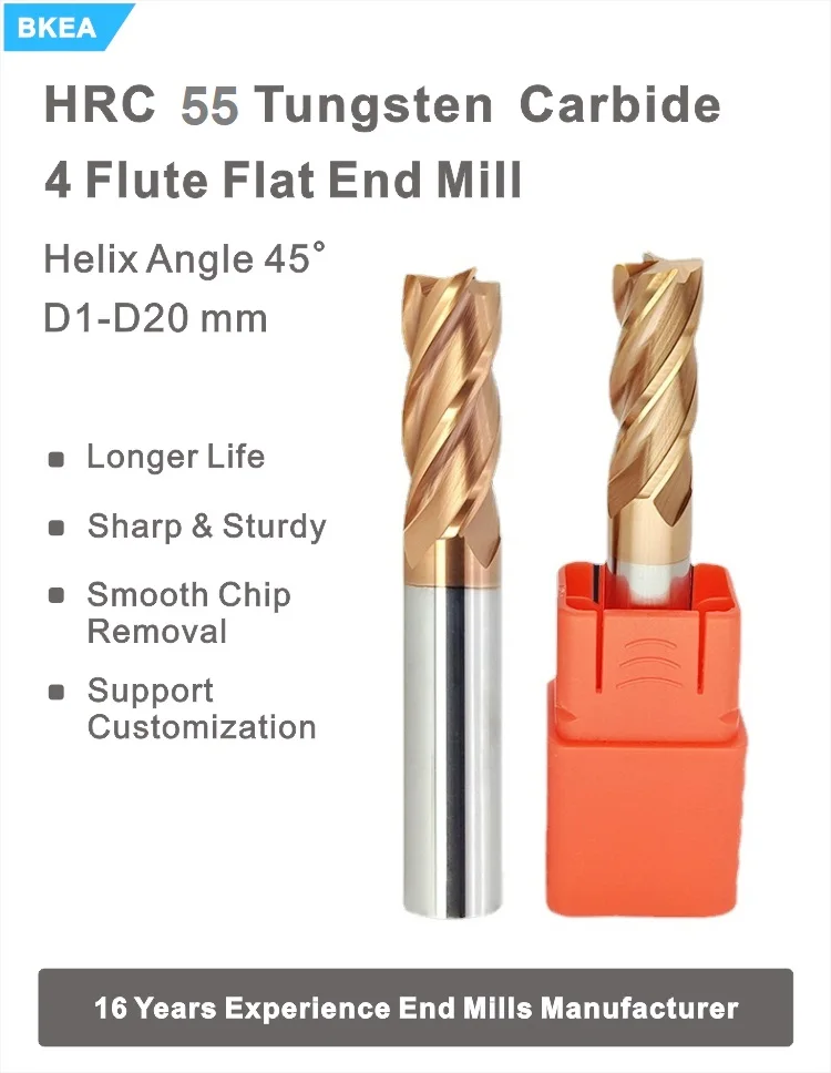 BKEA D8*20*D8*60L HRC55 Factory Milling Cutter CNC Tools Endmill Solid Carbide Endmills 4 Flute Flat Fresa End Mill