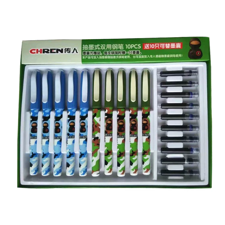 Cheap Hot Sale Promotion 10 pens + 10 cartridges Heat Transfer Plastic Fountain Pen EF Small Nib