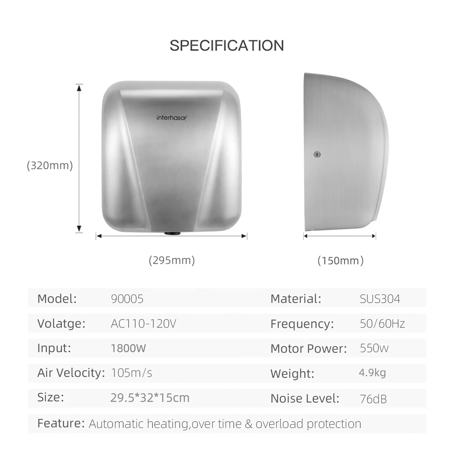 Heavy Duty Commercial washroom ss hand dryer High Speed Stainless Steel Design Warm Wind Hand Blower 1800W Brushed