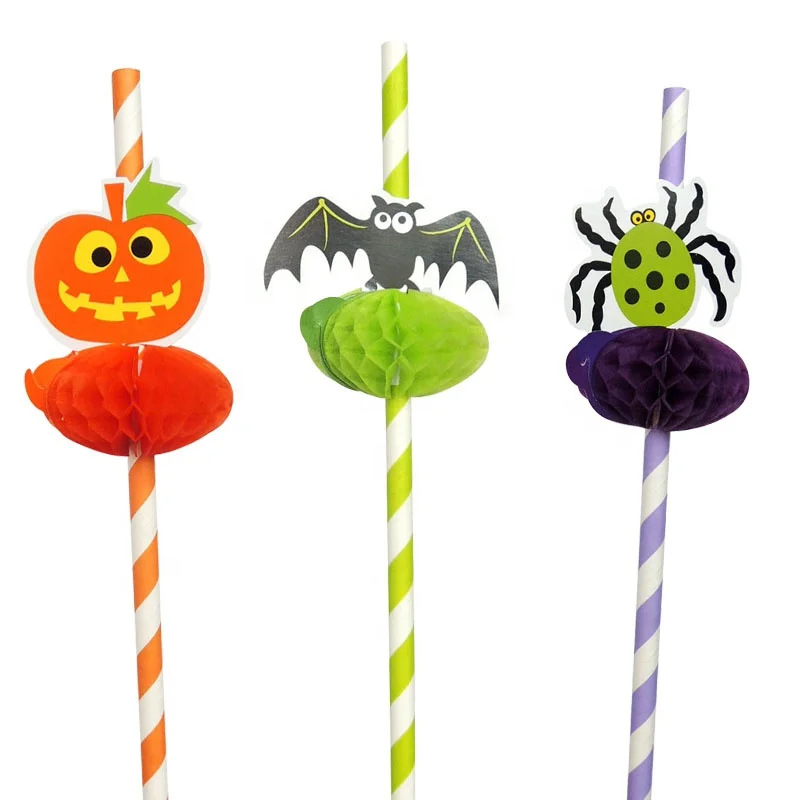 EASTTERN Wholesale New products  pumpkin Honeycomb Striped Paper Straws Environmentally  Halloween party decoration
