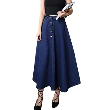 2022 Wholesale Women Girls Denim Cotton Latest Design Skirt Slim Waist Solid Color Blue Hot Sale Fashion Button Long Skirts