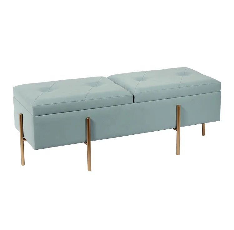 Modern Long Velvet Ottoman Salon Waiting Bench Modern Home Stool Gold Metal Legs Leather Long Rectangle Shaped Velvet Bench