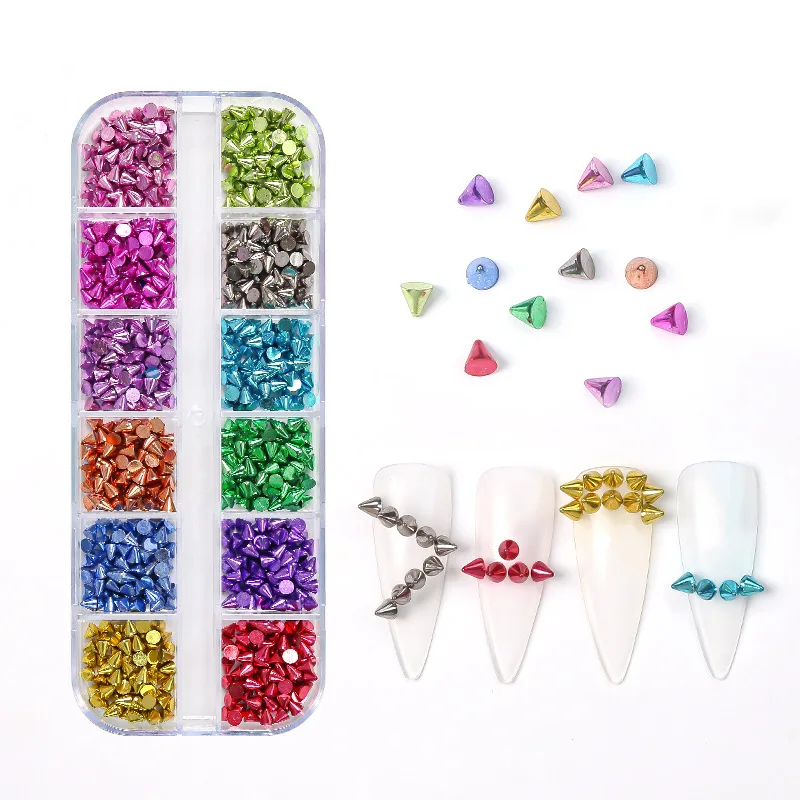 New Arrival Fashion 12 Grids Colorful Punk Cone Spike Nail Studs Beads Decals for Women Nail Decoration DIY Design Jewelry