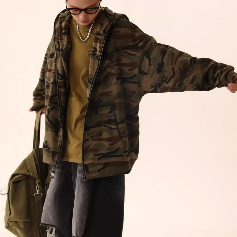 Vintage Streetwear Unisex Camouflage Hoodie Custom 100% Cotton Oversized Men Women Camouflage Zip Up Hoodie