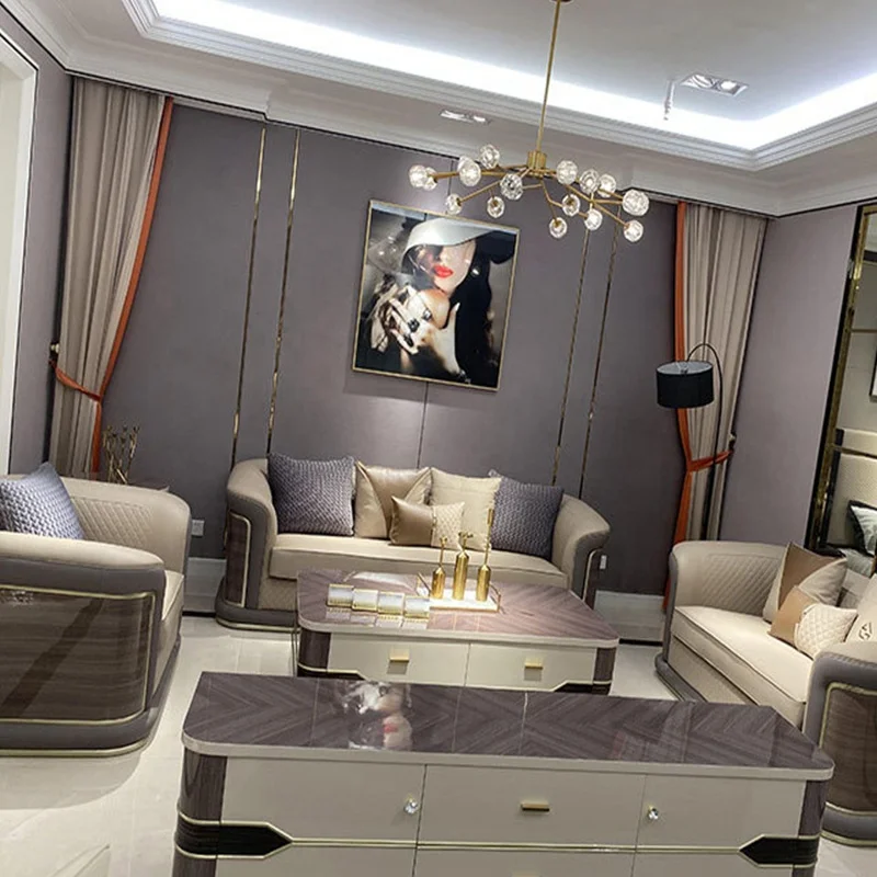 Italian light luxury leather sofa modern simple luxury large family villa living room sofa luxury sofa set