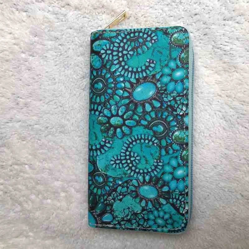 PU Leather Western Sunflower Clutch Women Sewing Pattern Compact Wallet Sublimation Turquoise Zip Around Wallet