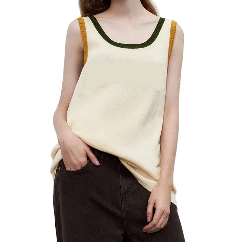 autumn american style retro contrast knitted tank top for women