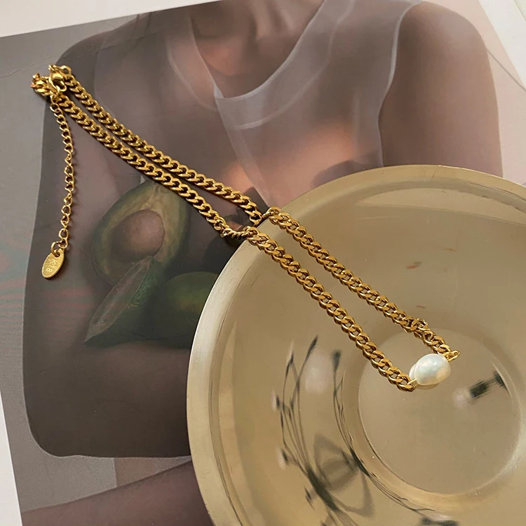 Stainless Steel Cuban Link Chain Natural Pearl Charm Necklace Curb 18K Gold Plated Necklaces Women French INS Elegant Jewelry