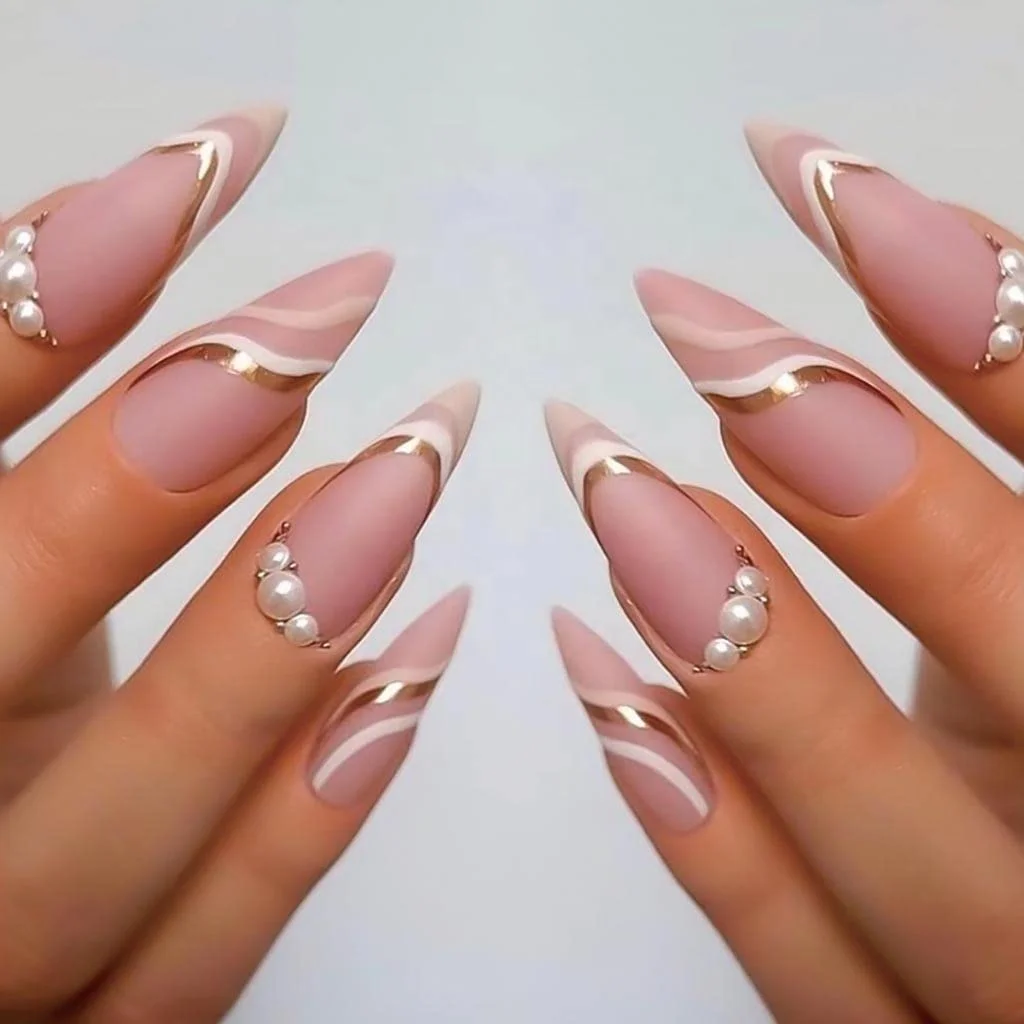 Almond false nails wholesale press on nails  with pearls artificial fingernails for women