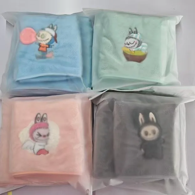 KAWAII Labubu дорожное мягкое полотенце с мультяшным принтом для лица Вышитое банное из двух частей детское кораллового бархата взрослых
