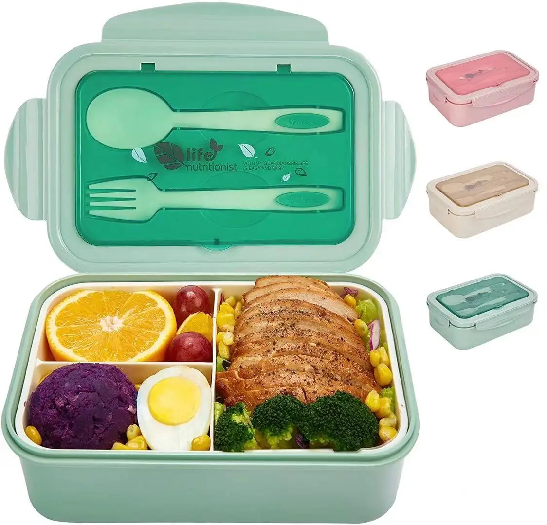3 Compartments Plastic Bento Box Reusable Pp Plastic Tiffin Box Kids Lunch Box With Cutlery