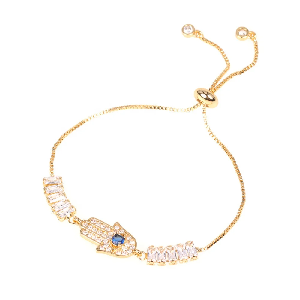 European High Quality Jewelry Blue Crystal Evil Eyes Bracelet Microstudded Zircon Plated 18K Gold Fatima Palm Bracelet For Women