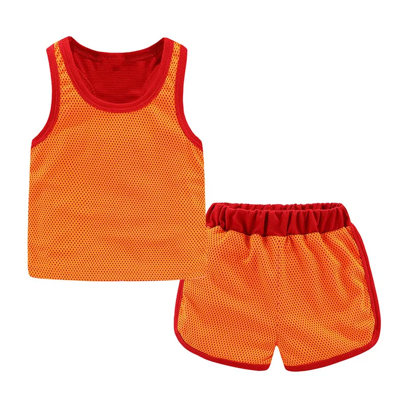 Hot Sale boys 100% polyester wearable mesh tracksuit sleeveless O-neck shorts 2 pieces set basketball sets for kid
