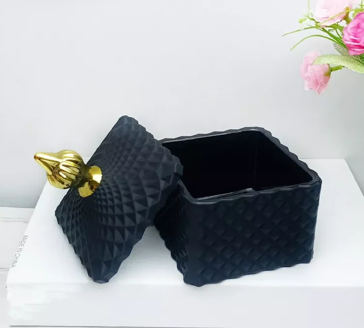 BESTSUN wholesale 8oz  black empty square Geo cut candle vessels with glass lid cube embossed glass candle jar for candle making